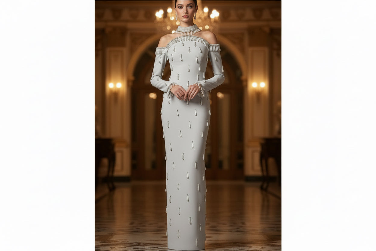 Heavy-duty Pearl Bead And Diamond-embellished Mesh-panel Long Dress