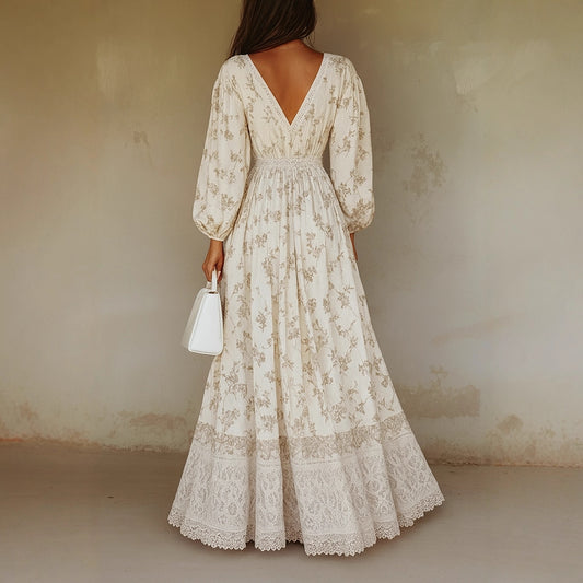 Casual Western-style AutumnWinter Long-Sleeve Printed Lace-Trimmed Dress