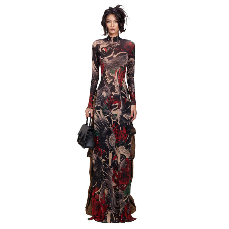 Stylish Half-high-neck Long-sleeve Top With A Bold Animal Print Featuring A High Slit For A Modern Edgy Look