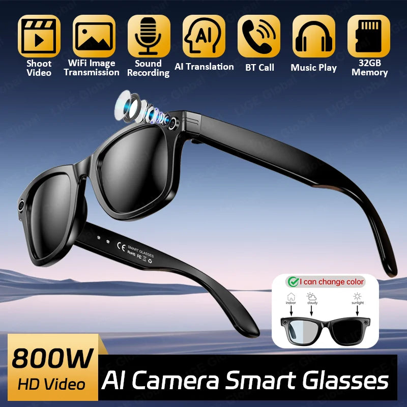 AI Smart Glasses 8MP HD Camera Video Bluetooth Call Intelnt Translation 270Mah Battery Voice Assistant Music Sunglasses