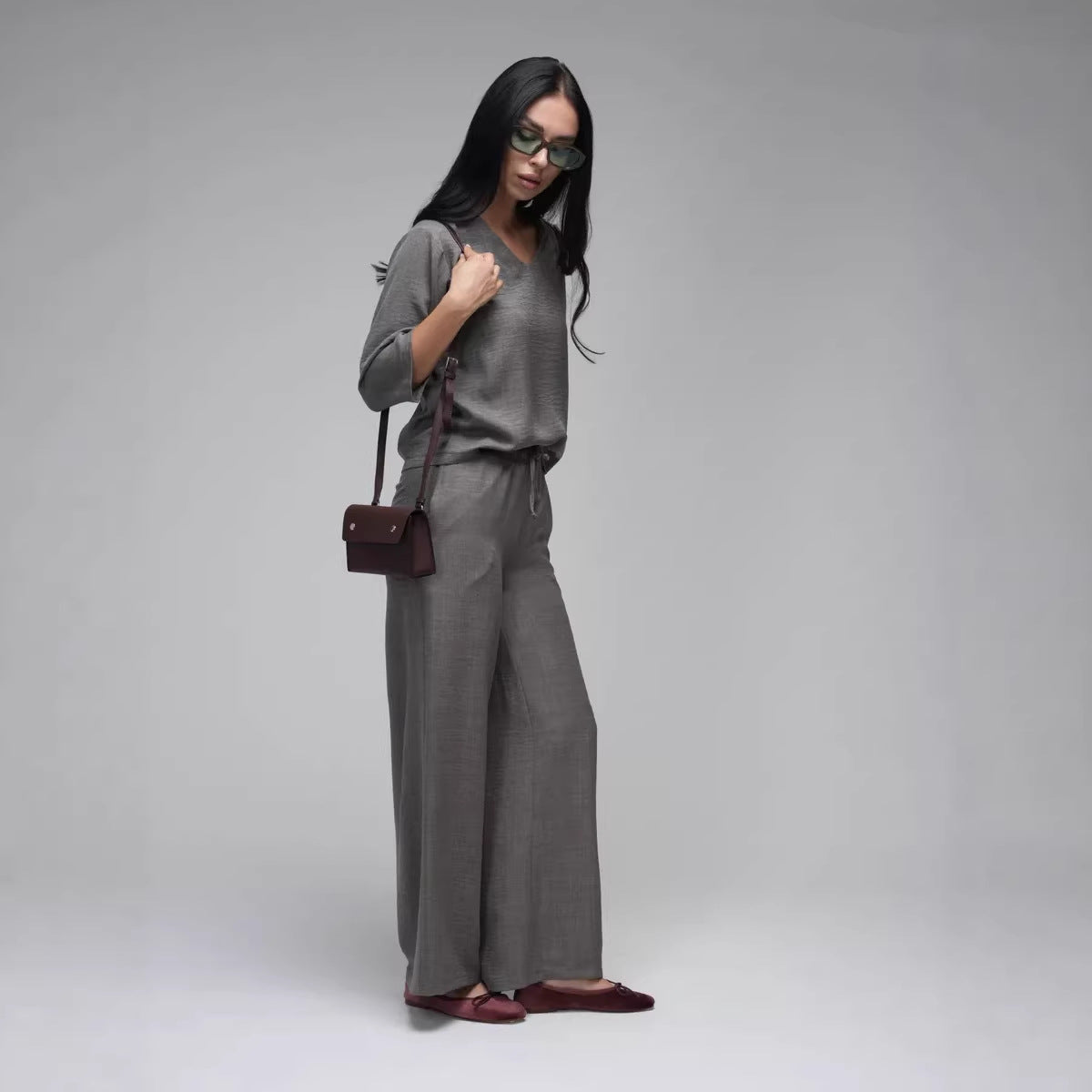 Womens Casual Two-Piece Set Fashionable Solid-Color Loose Cropped-Sleeve Wide-Leg Pants Suit