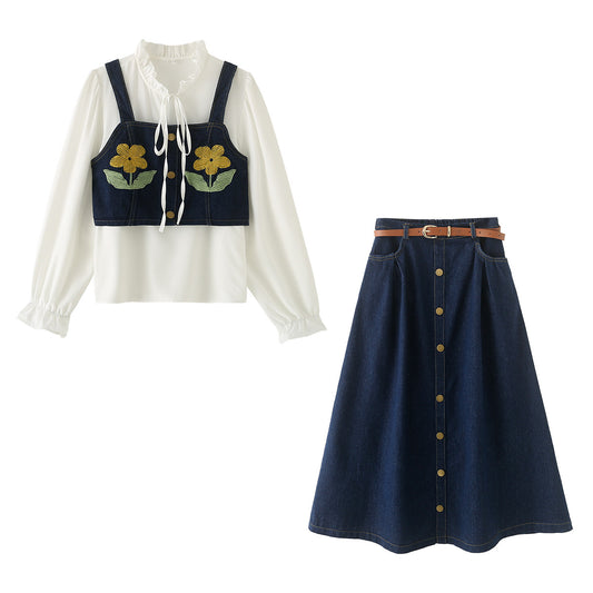 Camisole Long-sleeve Shirt And Skirt Set