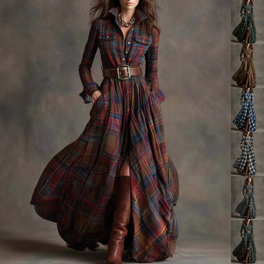Ins Plaid Print Long-Sleeved Dress Fashion Pockets Collared Buttons Shirt Long Dresses Retro Women's Clothing