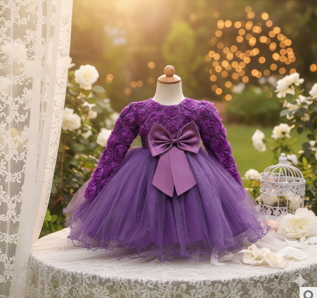 Long-sleeved girls dress rose children's wedding dress skirt