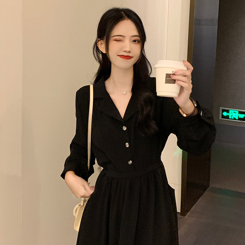 French Style Long Sleeve Black Dress for Women - Chic and stylish, this elegant black dress features a flattering silhouette with long sleeves. Perfect for a sophisticated and classic look. (144 characters)