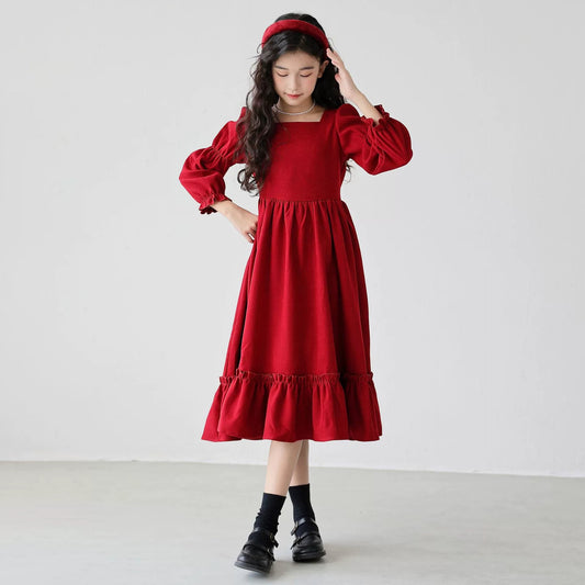 Girl's Long Sleeve Solid Color Square Neck Simple Dress