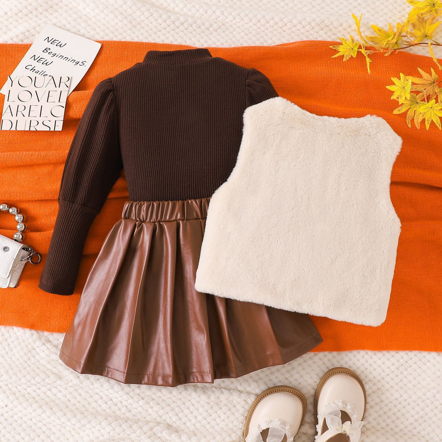 Three-piece Set Of Long-sleeve Base PU Leather Skirt