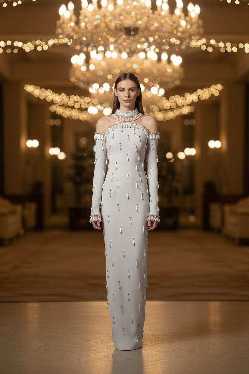 Heavy-duty Pearl Bead And Diamond-embellished Mesh-panel Long Dress