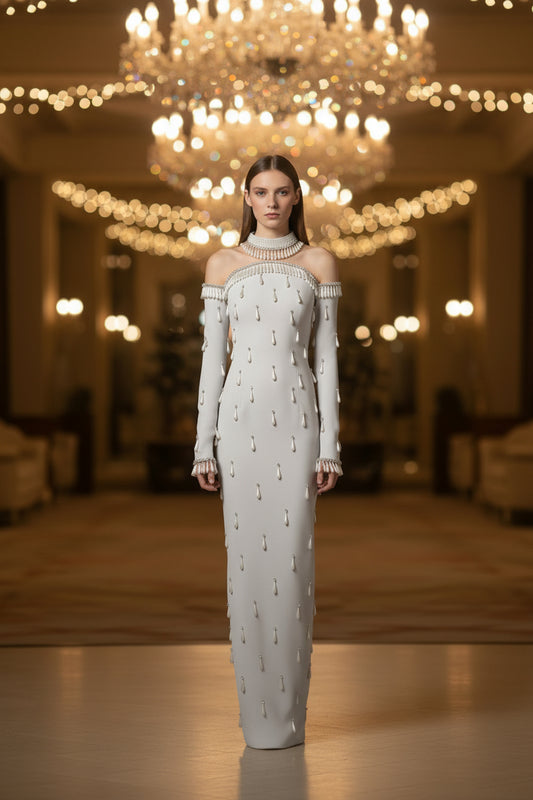 Heavy-duty Pearl Bead And Diamond-embellished Mesh-panel Long Dress