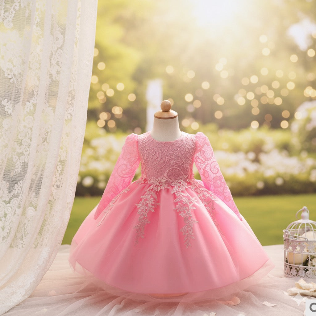 Long-sleeved girls dress rose children's wedding dress skirt
