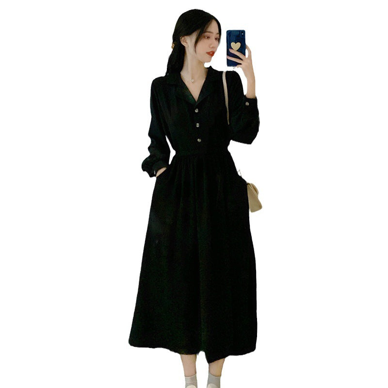 French Style Long Sleeve Black Dress for Women - Chic and stylish, this elegant black dress features a flattering silhouette with long sleeves. Perfect for a sophisticated and classic look. (144 characters)