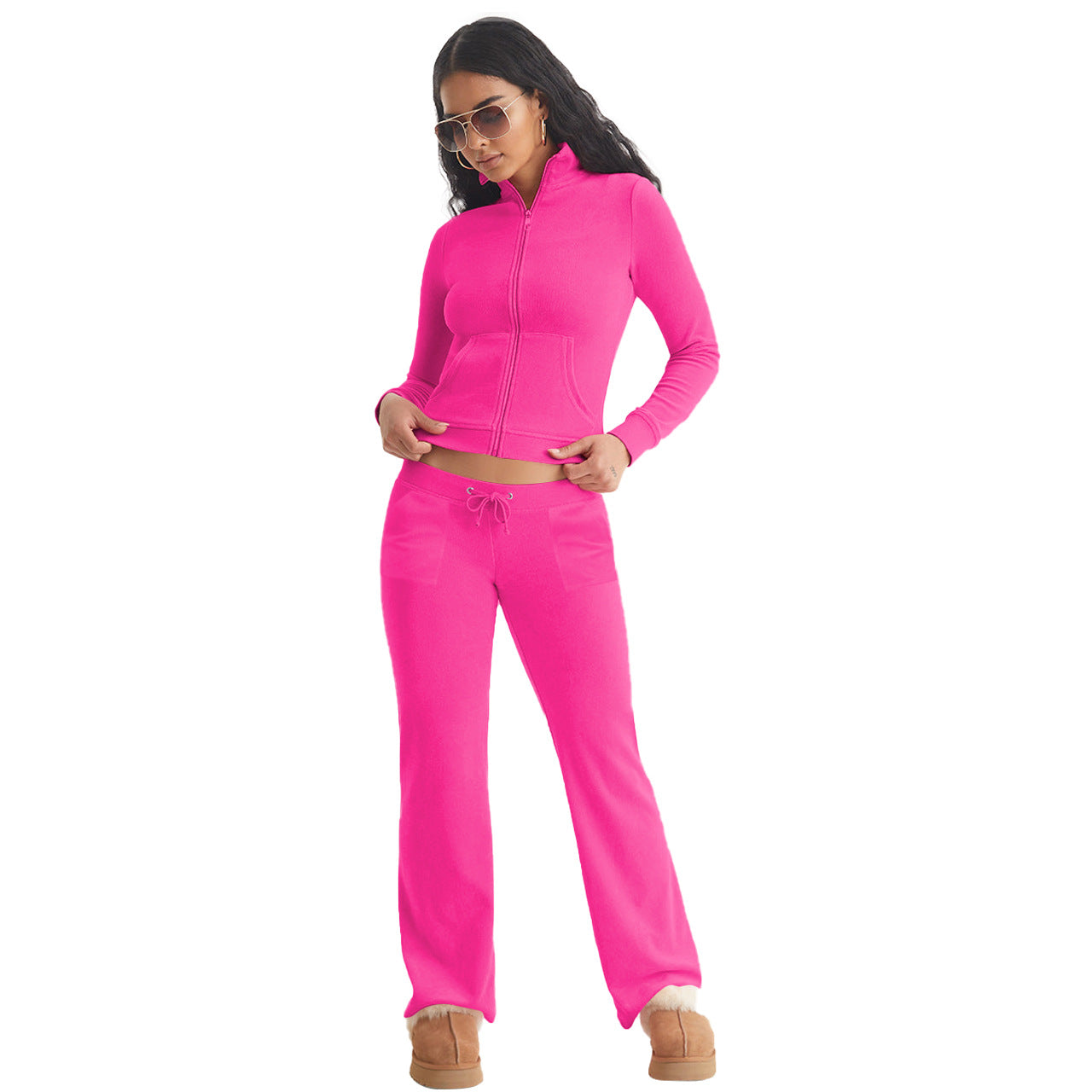 Stylish Casual Two-Piece Set With Silver Fox Fleece Stand Collar