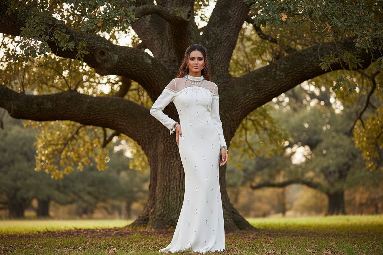 Heavy-duty Pearl Bead And Diamond-embellished Mesh-panel Long Dress