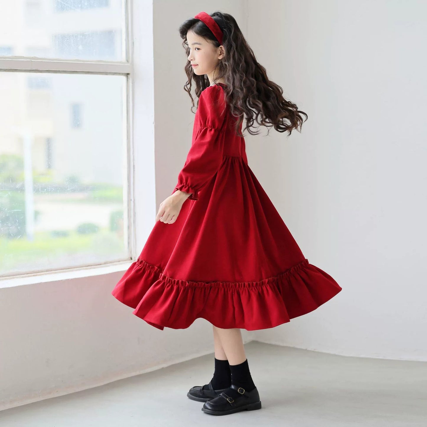 Girl's Long Sleeve Solid Color Square Neck Simple Dress