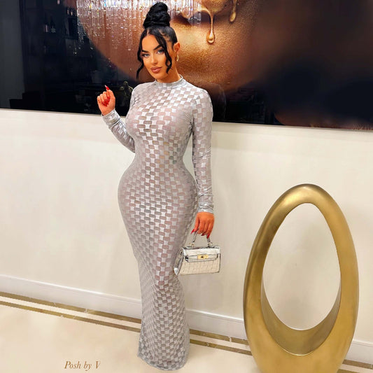 Fashionable Mesh Plaid Dress For Women