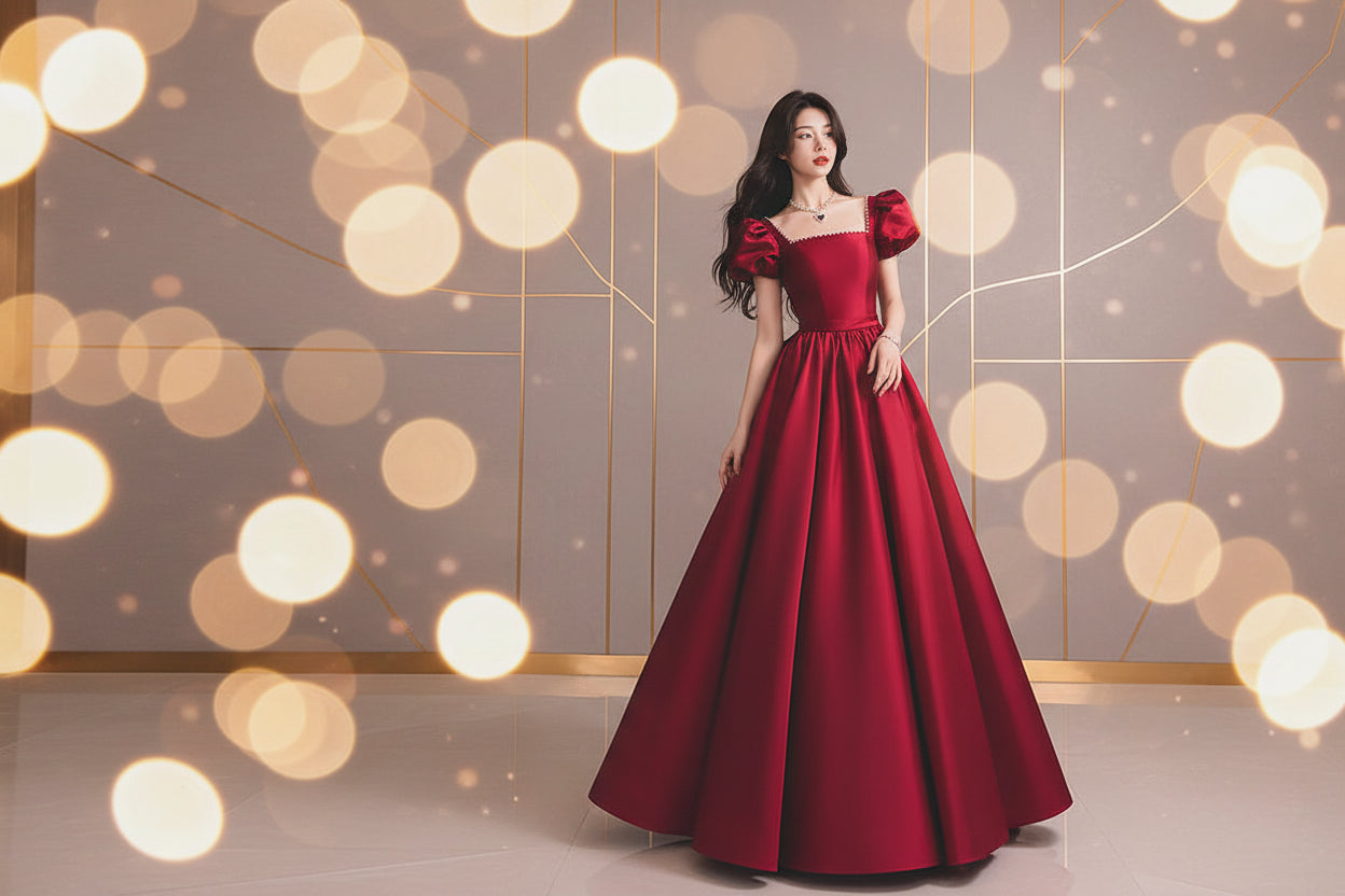Winter Wine Red Engagement Daily French Princess On The Run Satin Dress