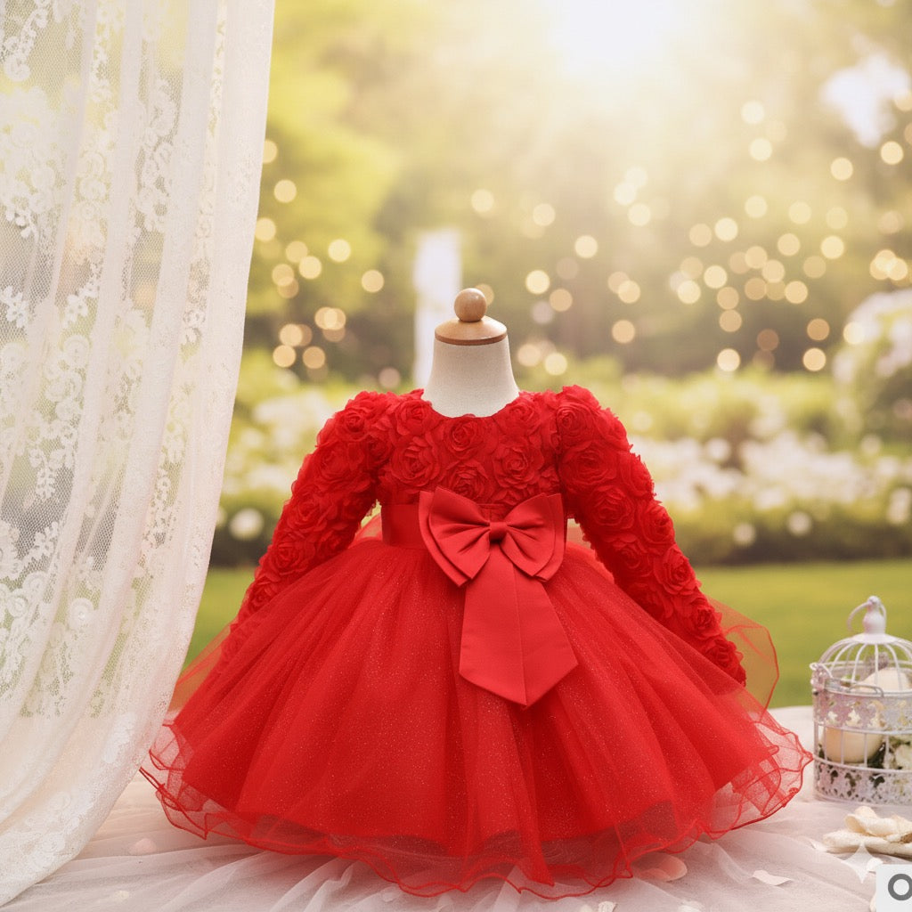Long-sleeved girls dress rose children's wedding dress skirt