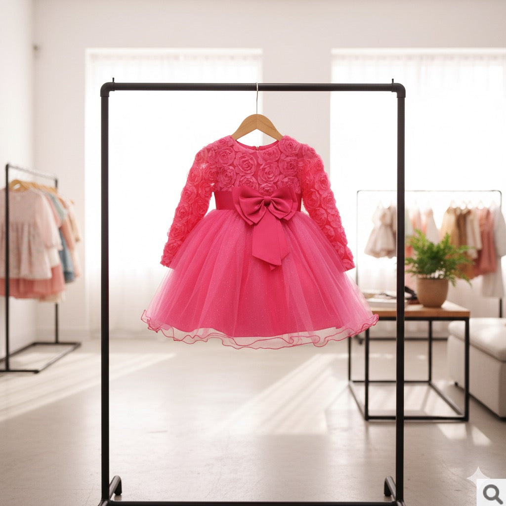 Long-sleeved girls dress rose children's wedding dress skirt