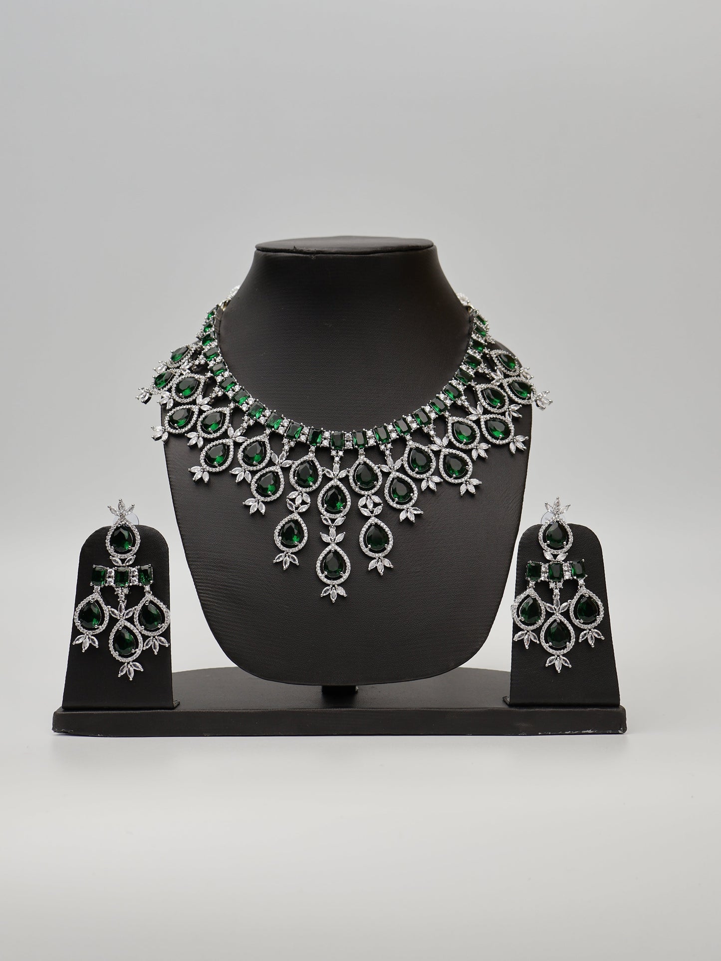 Green Stones Reverse AD Necklace Set with Earings-0