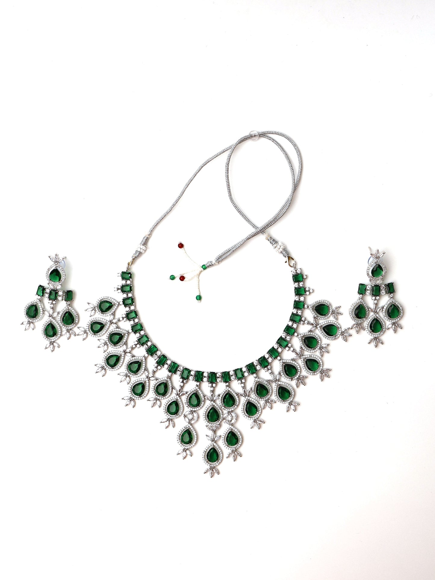 Green Stones Reverse AD Necklace Set with Earings-3