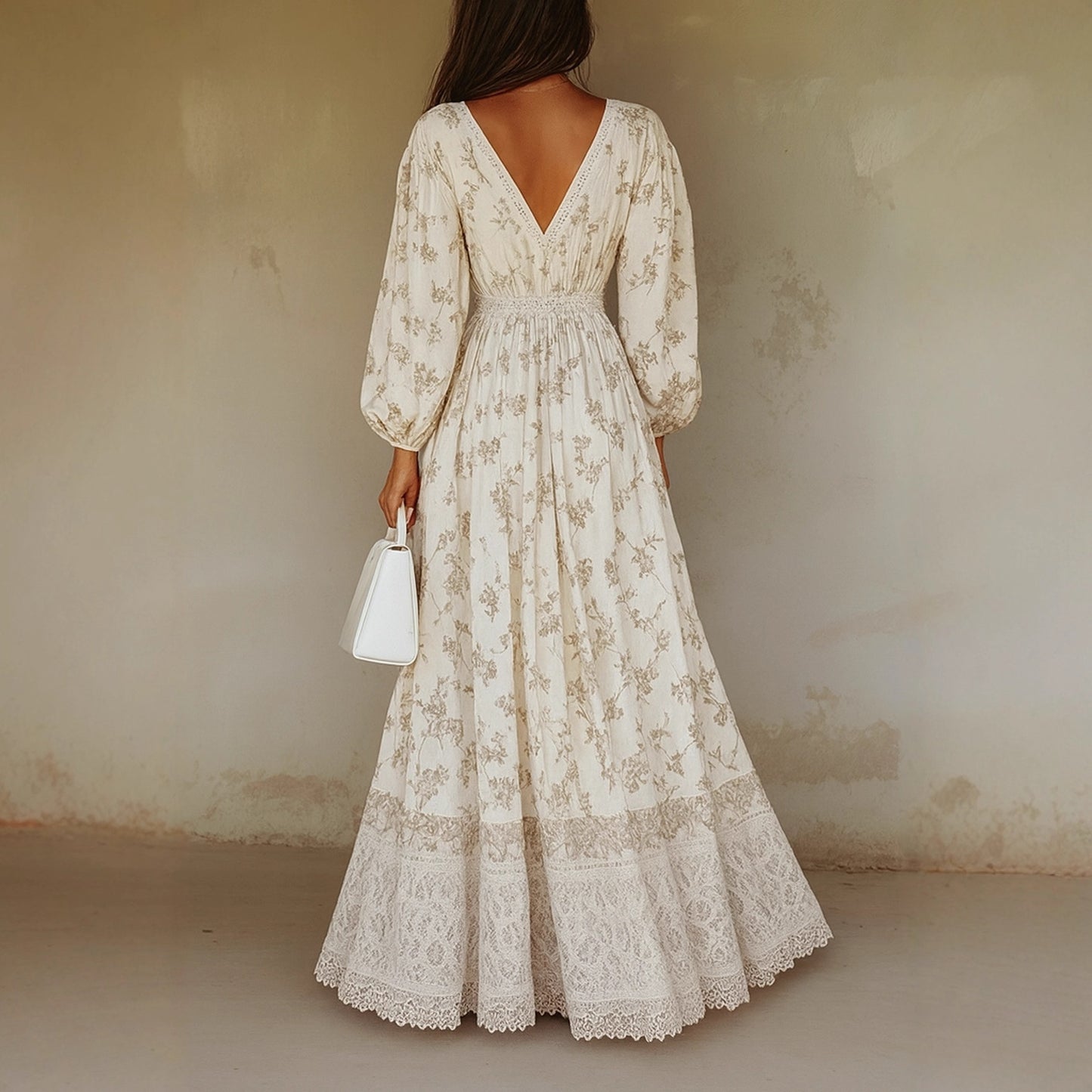 Casual Western-style AutumnWinter Long-Sleeve Printed Lace-Trimmed Dress