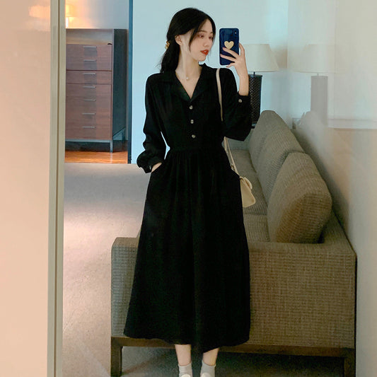 French Style Long Sleeve Black Dress for Women - Chic and stylish, this elegant black dress features a flattering silhouette with long sleeves. Perfect for a sophisticated and classic look. (144 characters)