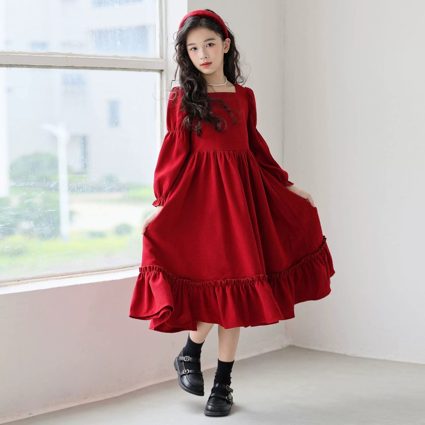 Girl's Long Sleeve Solid Color Square Neck Simple Dress