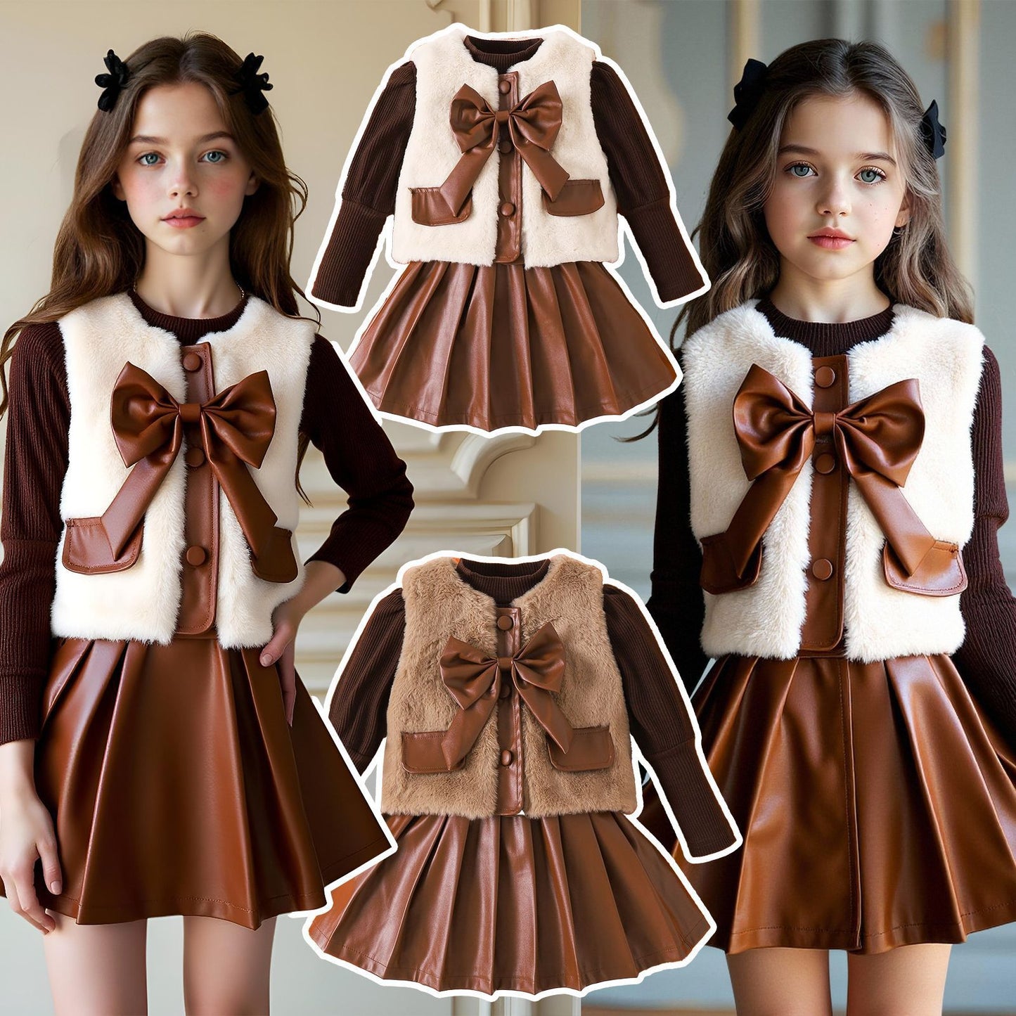 Three-piece Set Of Long-sleeve Base PU Leather Skirt