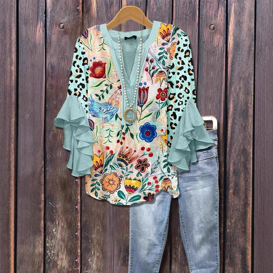 Womens Casual V-Neck T-Shirt With Digital Print And Lace Trim