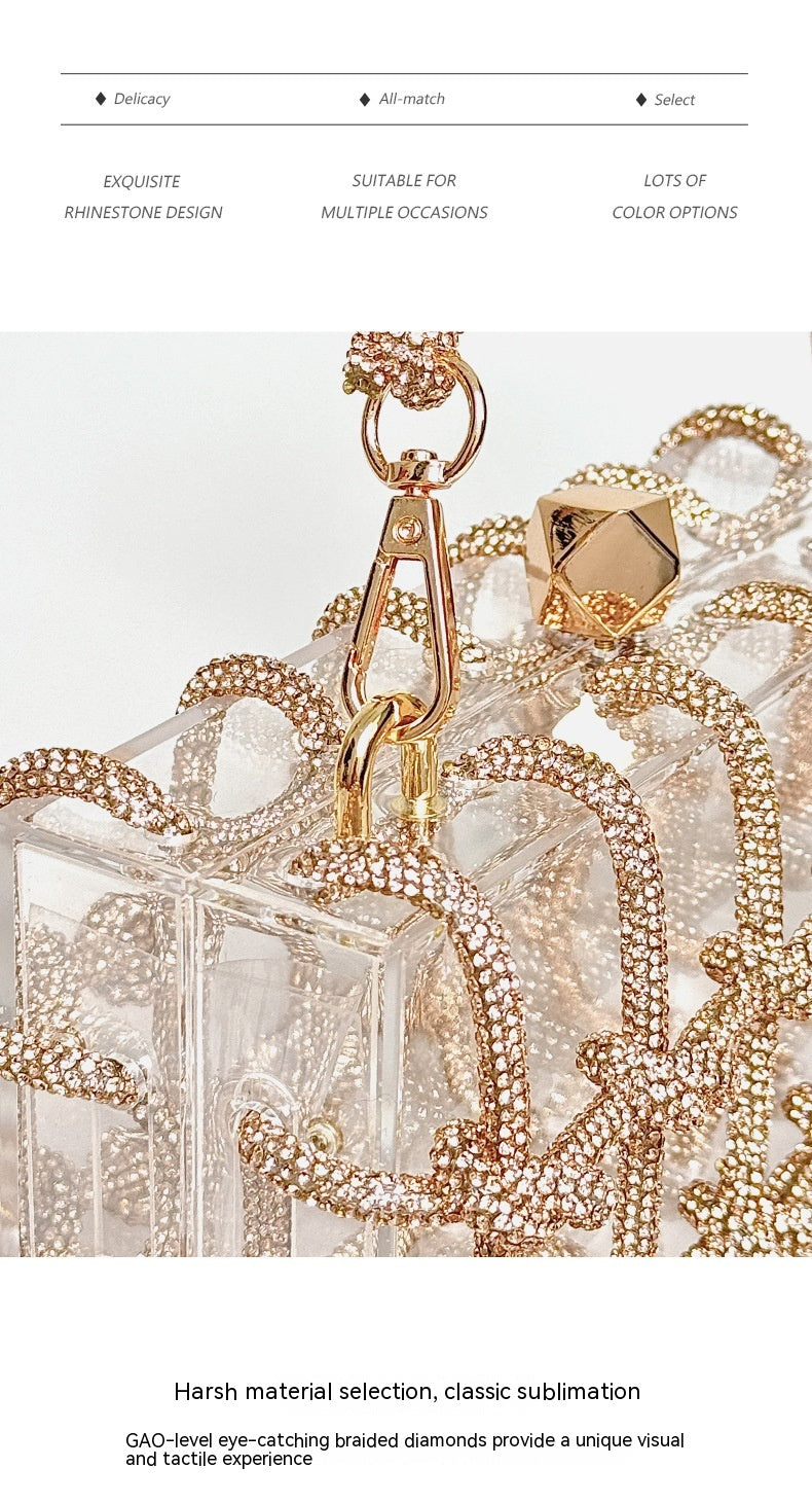 French Sweet Shiny Rhinestone Banquet Small Square Bag